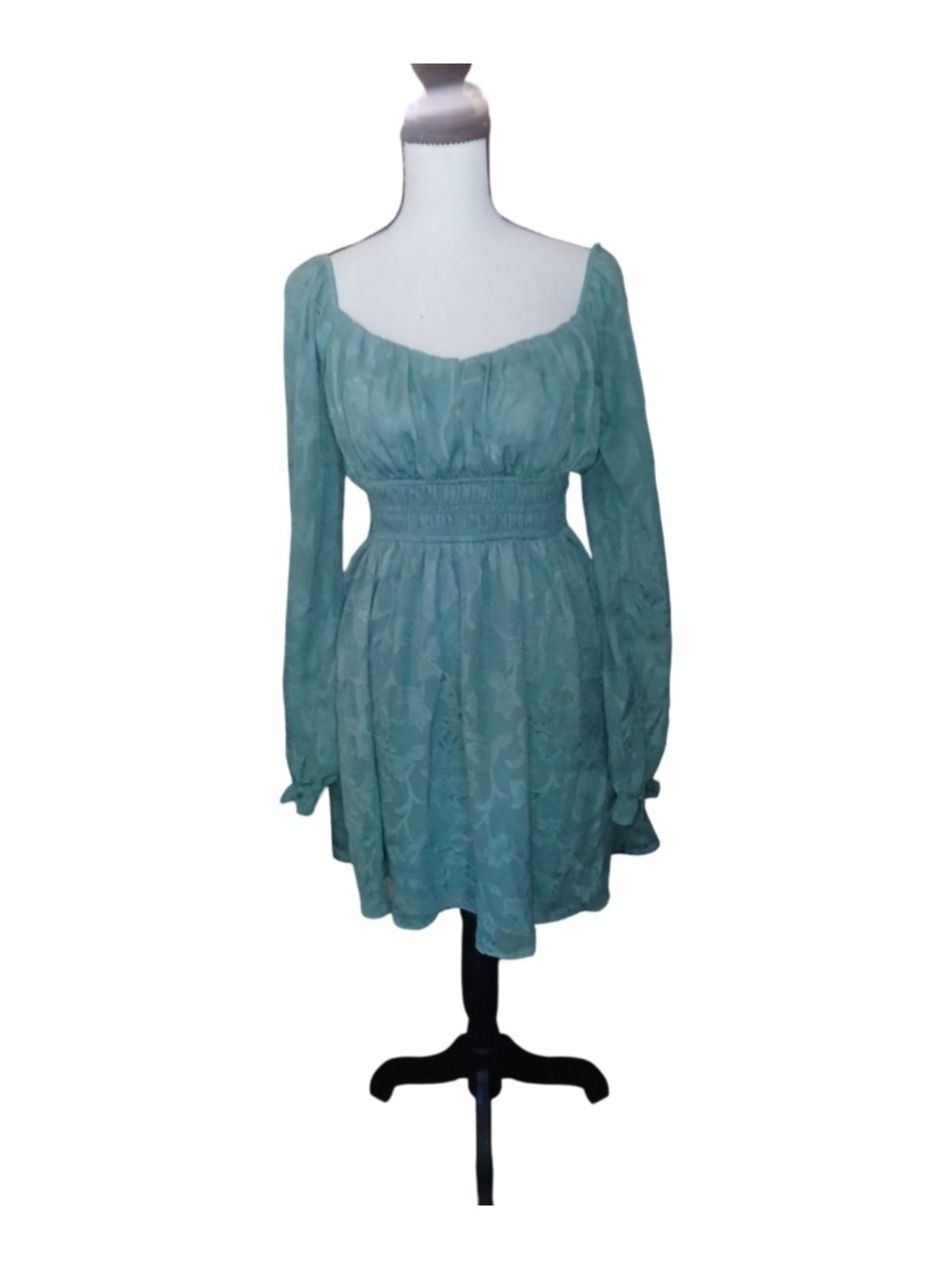 Inspired Hearts Light Teal Lace  Long-Sleeve Smocked Waist Dress